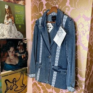 New With Tags Blue Jean Jacket with White Patterned Trim
